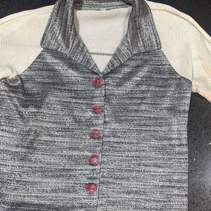 Elegant Gray and Cream Cardigan with Red Accents